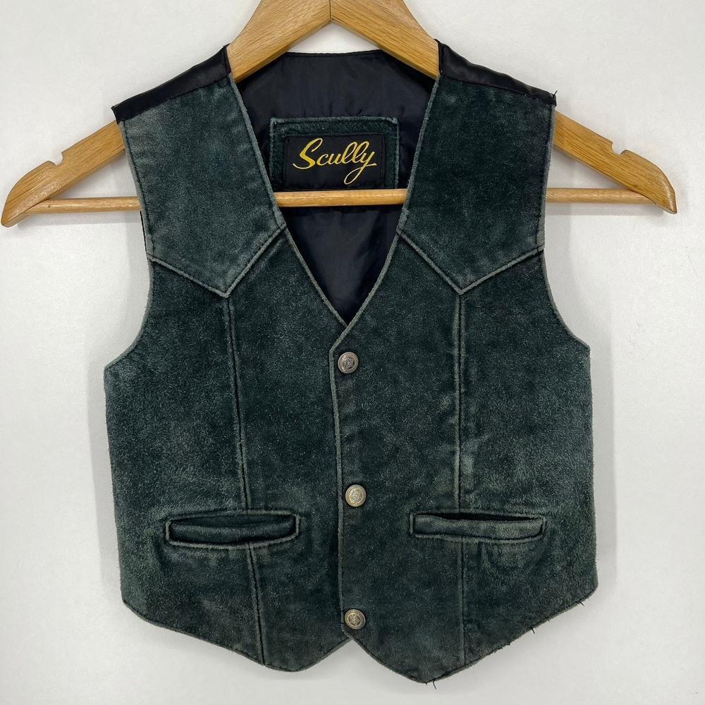Scully Kids Green Suede Leather Western Vest Silver Tone Button Snap Size S